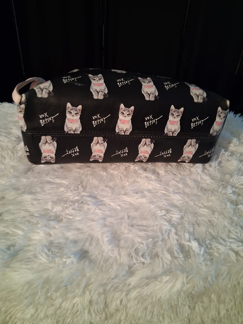 Betsey Johnson Black Cosmetic Pouch with Gray & Pink Kitten Print
